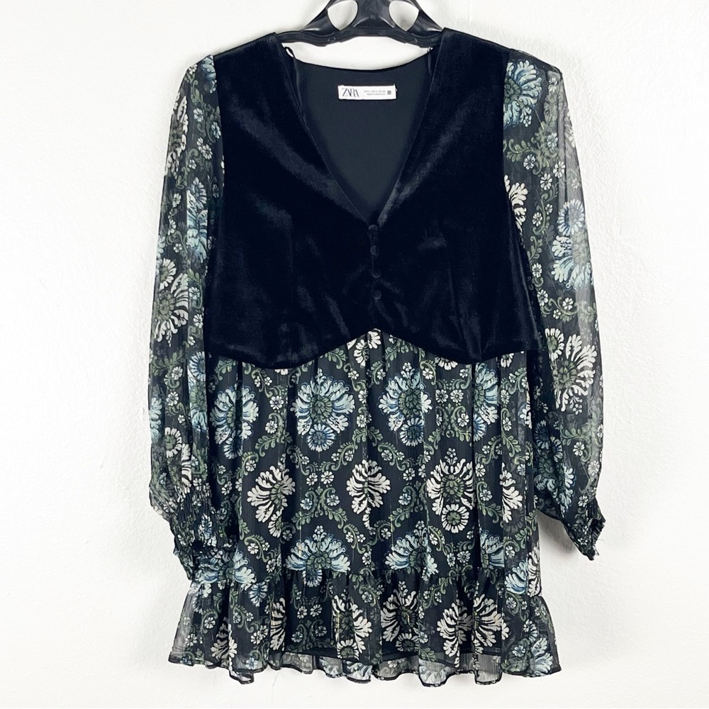 ZARA Black Floral Sheer Long Cuff Sleeves Velvet Velour Ruffle Trim Dress Small